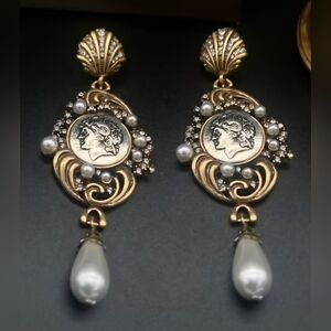 Gold Tone and Pearl Coin Drop Earrings